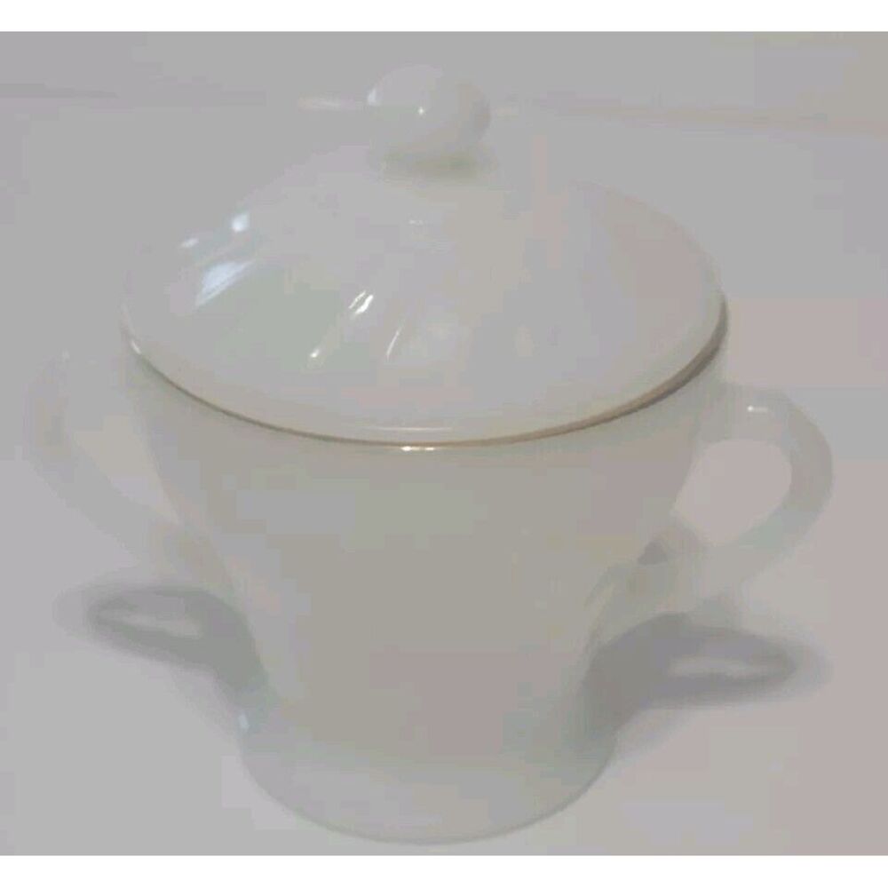 Vintage Anchor Hocking Fire King USA Swirl White Glass w/ Gold Trim Sugar Bowl